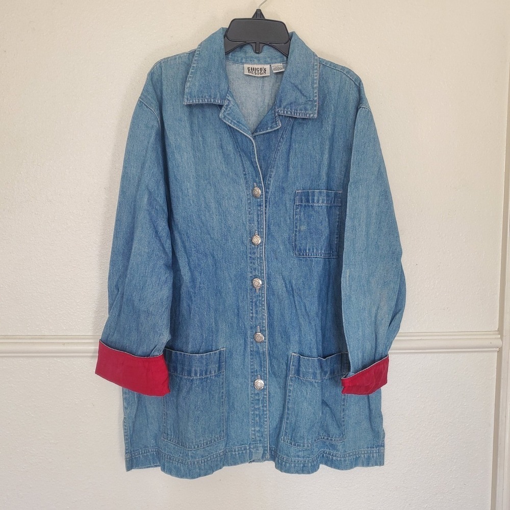 Chicos 2 Design Women's Blue Denim Jean Jacket Tunic Embroidered Back L Chico's